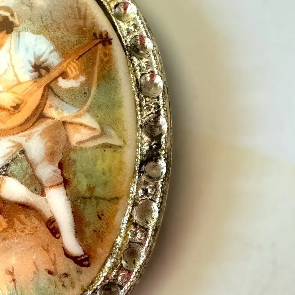 Victorian Lovers Nickel Silver Fragonard Milk Glass Cameo Clip Brooch Vintage